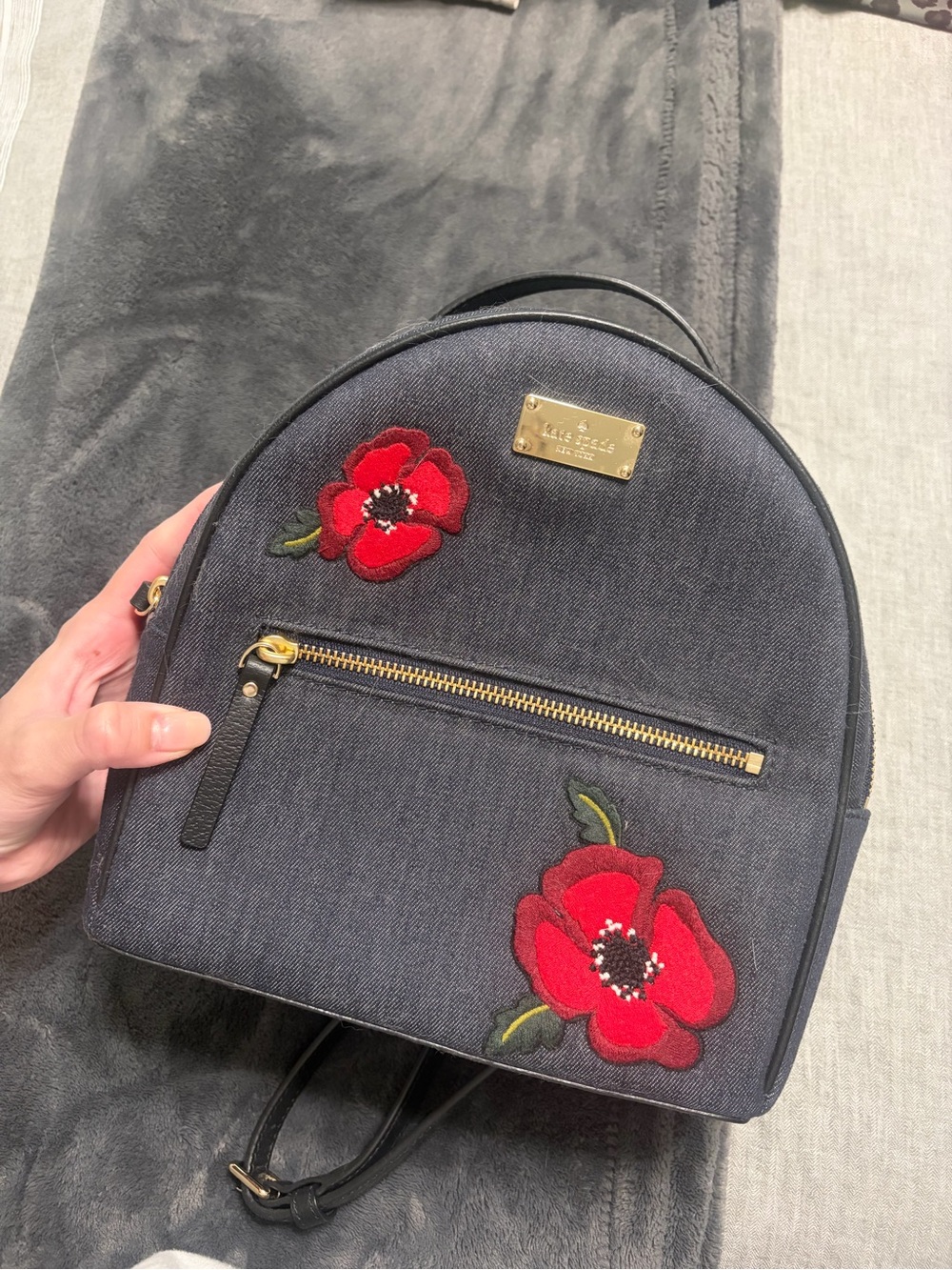 kate spade Black Denim Mini Backpack with Red Floral Appliqués
